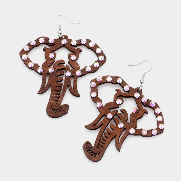 Wood Dangle Rhinestone Elephant Earrings